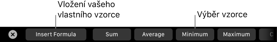 Touch Bar MacBooku Pro s ovládacími prvky pro vložení vlastního vzorce a pro výběr běžně používaných vzorců