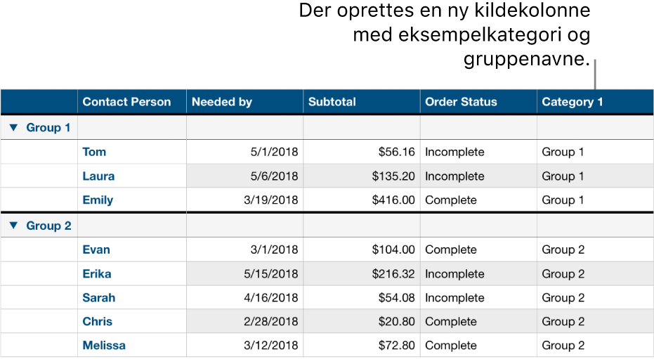En kategoriseret tabel med eksempelnavne på kategorier og grupper.
