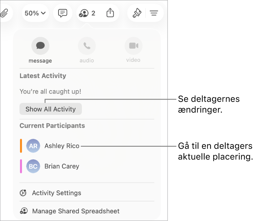Samarbejdsmenuen, hvor to aktuelle deltagere er angivet.