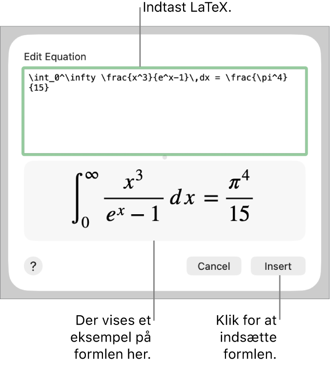 Den kvadratiske formel skrevet ved hjælp af LaTeX i feltet Ligning og et eksempel på formlen derunder.