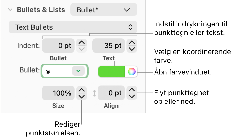 Punkter & lister med billedforklaringer til betjeningsmulighederne til indrykning af punkttegn og tekst, farve og størrelse på punkttegn og justering.