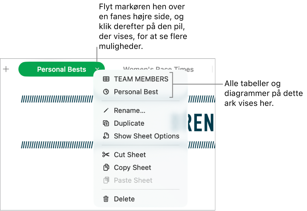 Fanen i et regneark med en åben genvejsmenu, der viser muligheder, herunder Dubler.