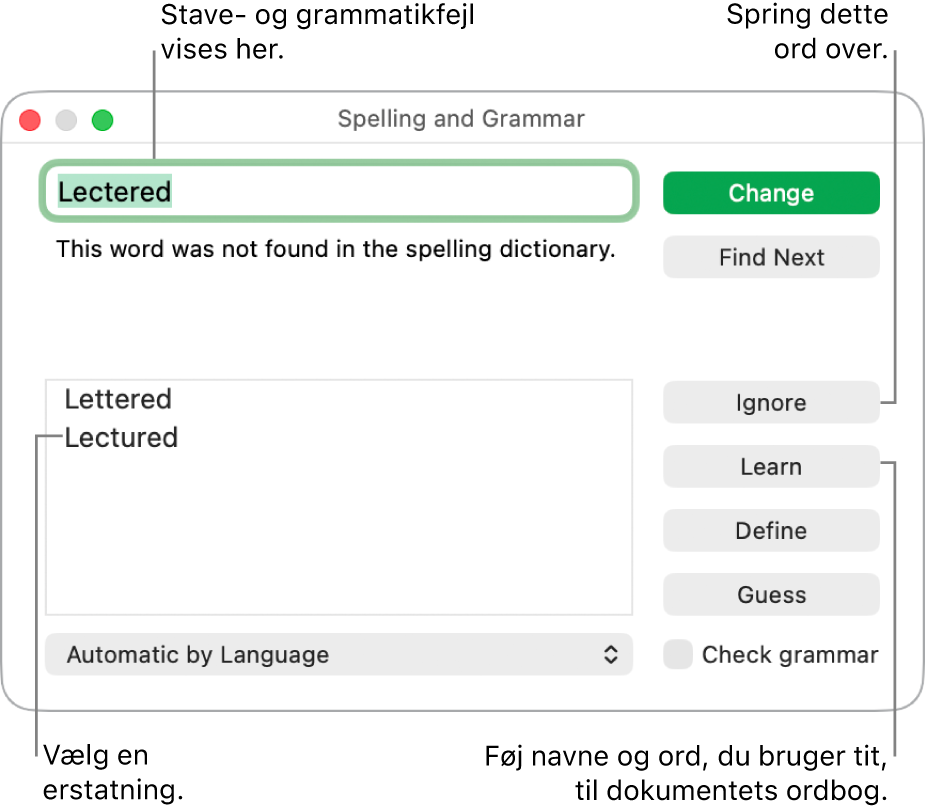 Vinduet Stavekontrol og grammatik.