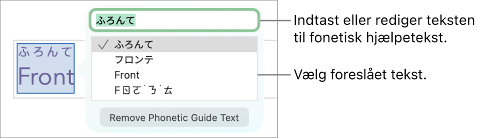 Den fonetiske hjælp åben til et ord med billedforklaringer til tekstfeltet og den foreslåede tekst.