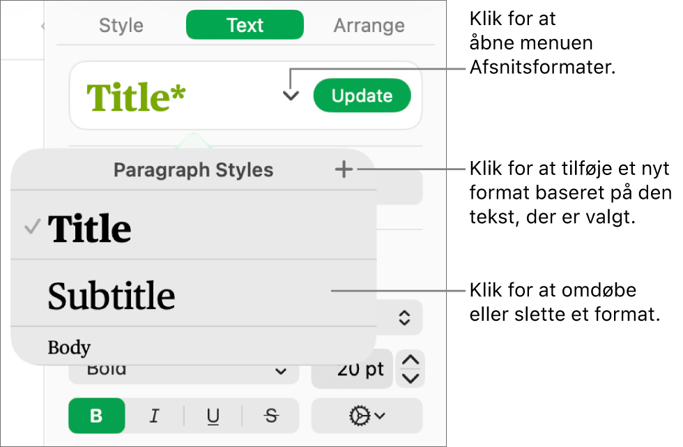 Menuen Afsnitsformater med betjeningsmuligheder til tilføjelse eller ændring af et format.