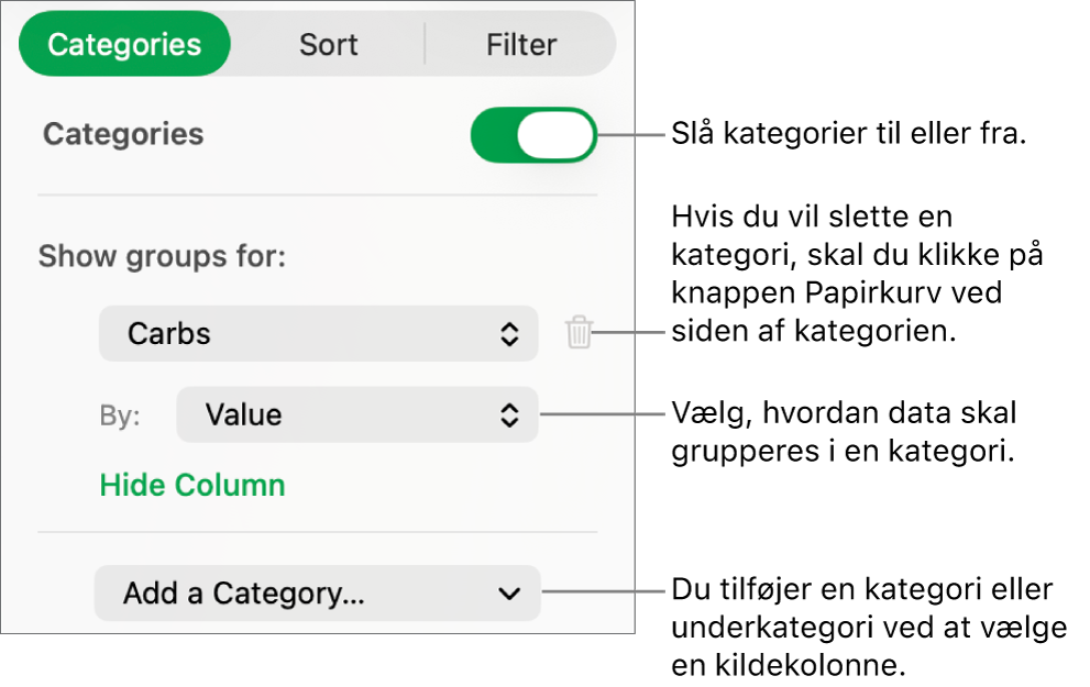 Indholdsoversigten for kategorier med muligheder for at slå kategorier fra, slette kategorier, omgruppere data, skjule en kildekolonne og tilføje kategorier.