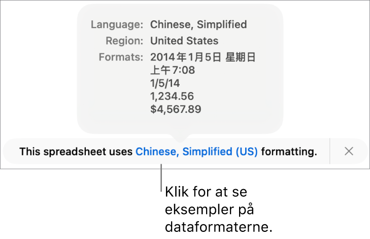 Notifikationen om de forskellige indstillinger af sprog og område, der viser eksempler på den formatering, som hører til sproget og området.