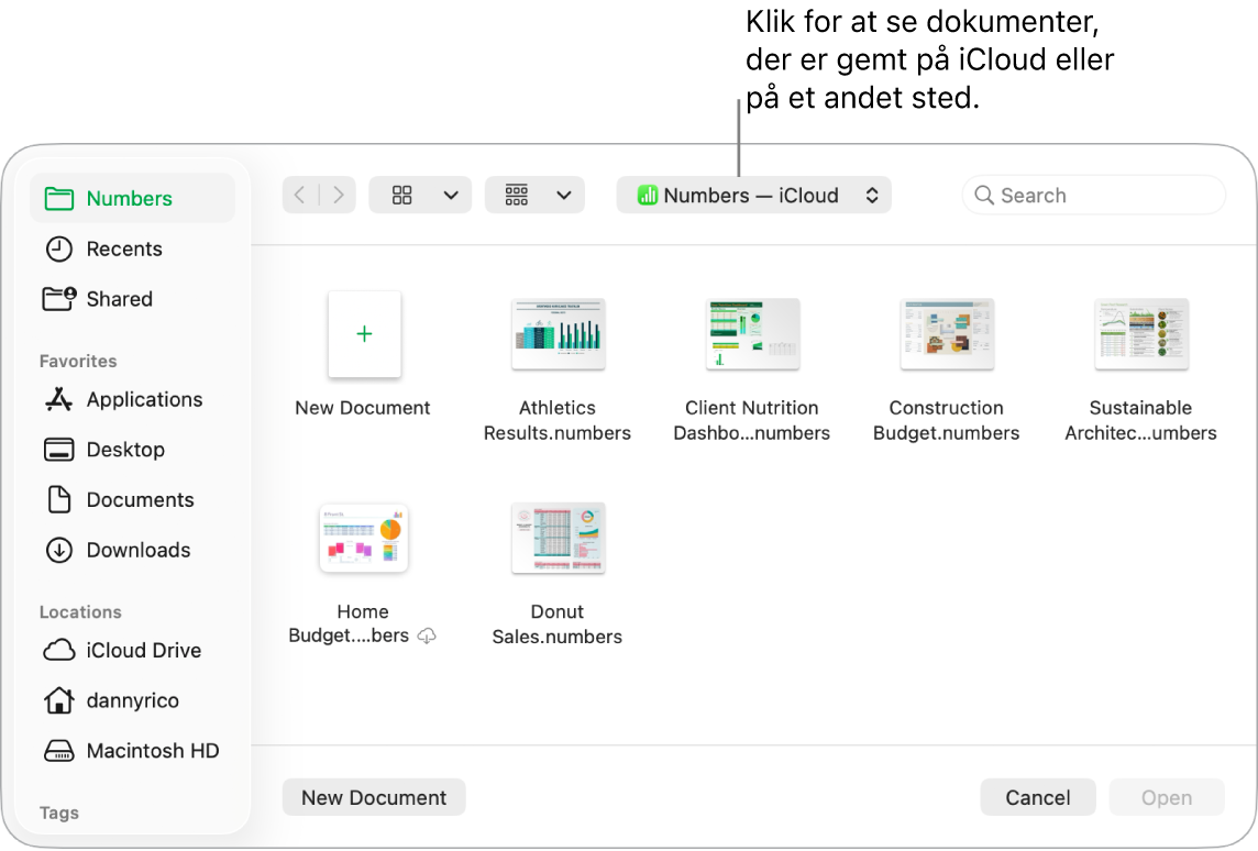 Dialogen Åbn med indholdsoversigten åben til venstre og iCloud Drive valgt på lokalmenuen øverst. Mapper til Keynote, Numbers og Pages vises i dialogen sammen med knappen Nyt dokument.
