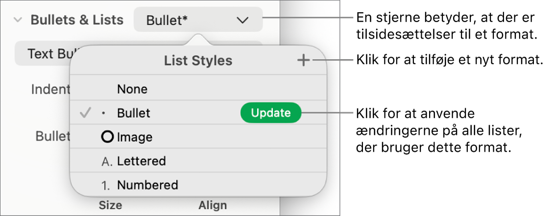 Lokalmenuen Listeformater med en stjerne, der viser en tilsidesættelse, en billedforklaring til knappen Nyt format og en undermenu med muligheder til styring af formater.