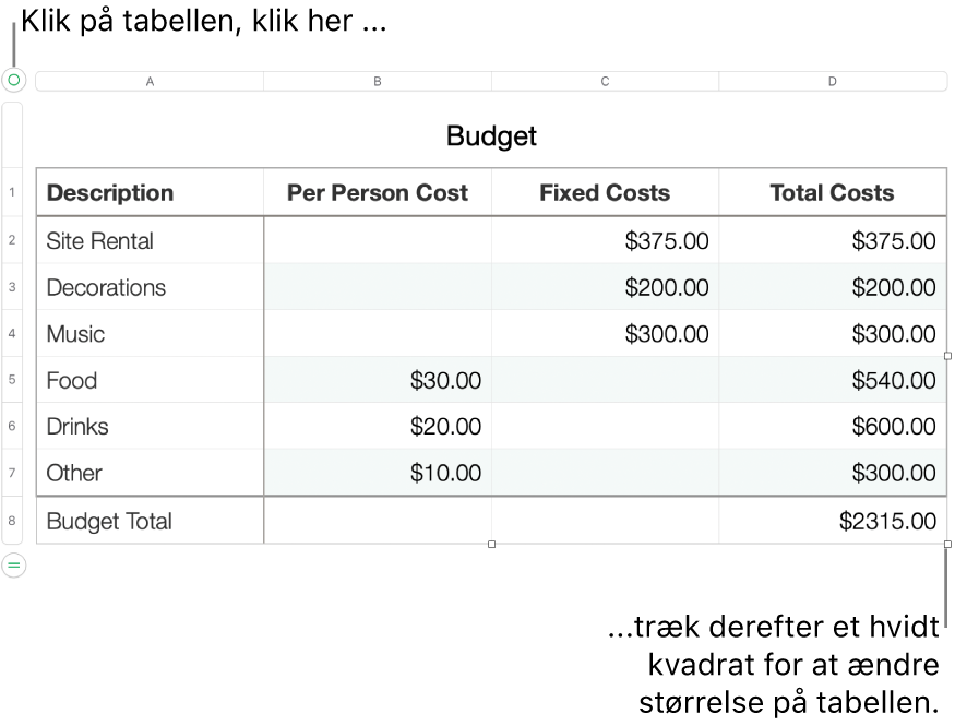 En valgt tabel med hvide kvadrater til ændring af størrelse.