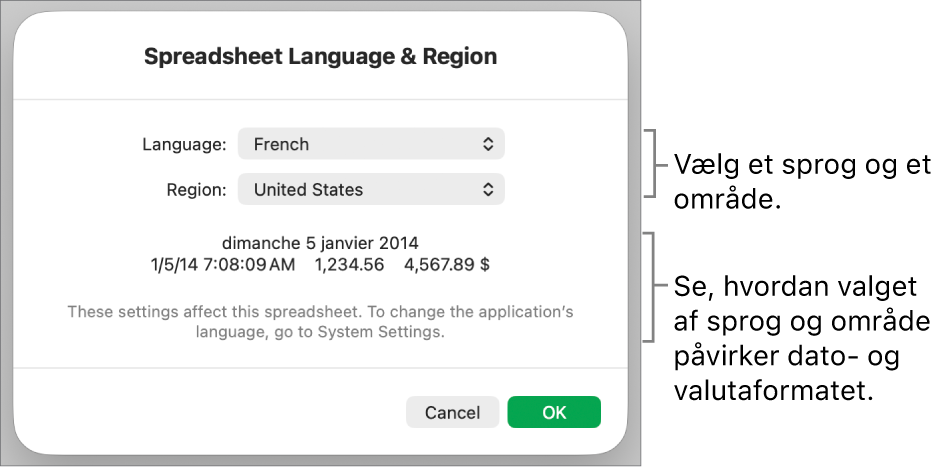 Vinduet Sprog & område med betjeningsmuligheder til sprog og område og et formateksempel, der viser dato, tid, decimaltegn og valuta.