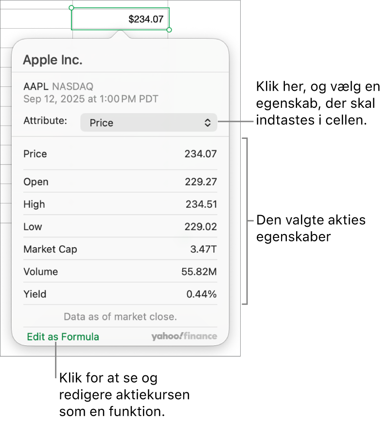 Dialogen til indsættelse af oplysninger om værdipapiregenskaber med Apple som det valgte værdipapir.