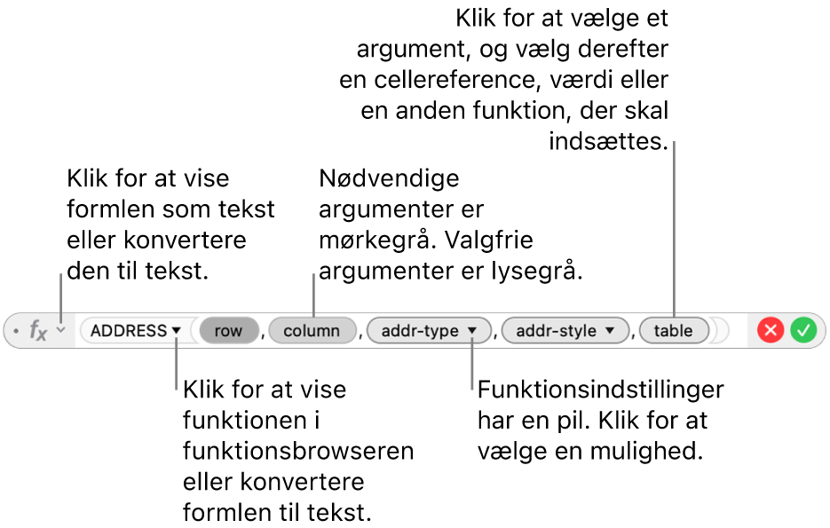 Formelværktøjet, der viser funktionen ADRESSE og dens argumentmærker.