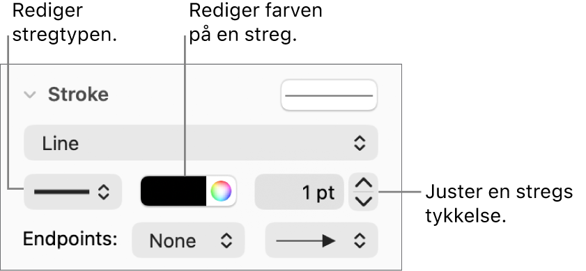 Betjeningsmulighederne til indstilling af slutpunkter, tykkelse og farve til streger.