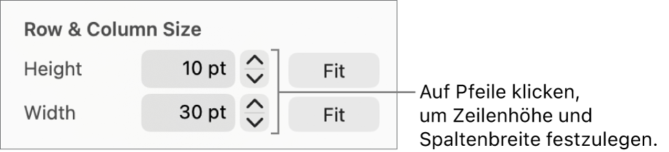 Die Steuerelemente zum Einstellen einer präzisen Zeilen- oder Spaltengröße
