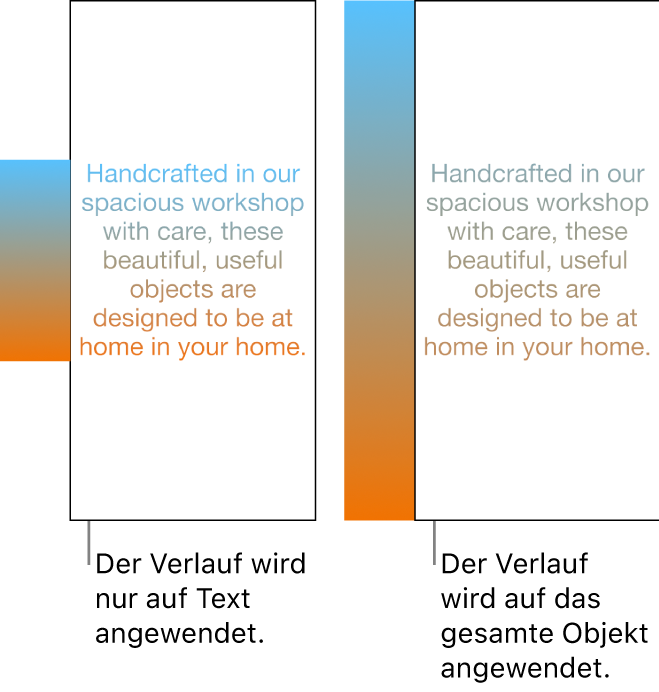 Beispiele für nebeneinander dargestellte Objekte. Das erste Beispiel zeigt Text mit nur auf den Text angewendetem Verlauf, sodass das gesamte Farbspektrum im Text angezeigt wird. Das zweite Beispiel zeigt Text mit einem Verlauf, der auf das gesamte Objekt angewendet wurde, sodass nur ein Teil des Farbspektrums im Text zu sehen ist.