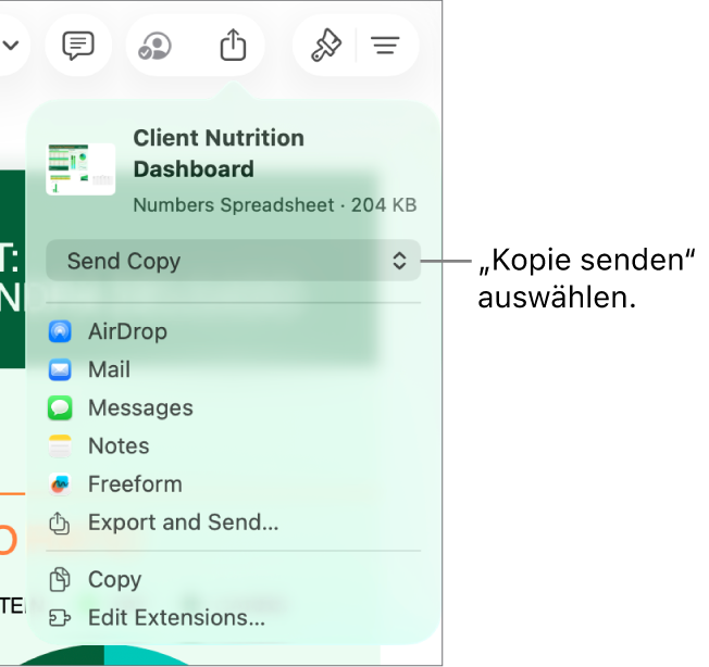 Das Menü „Teilen“, in dem „Kopie senden“ oben ausgewählt ist.