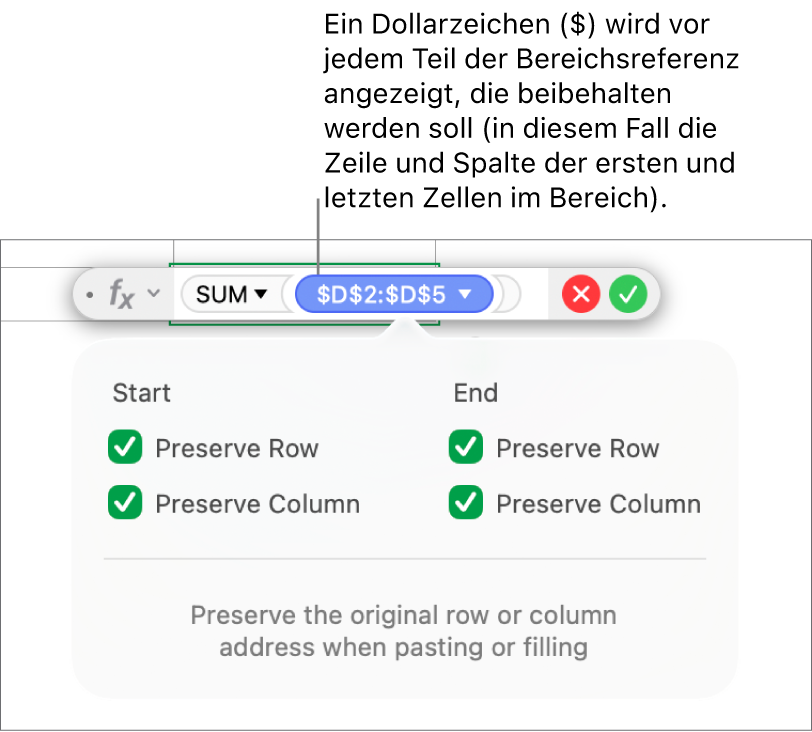Formel, die zeigt, dass Zeilen- und Spaltenreferenzen beibehalten werden.