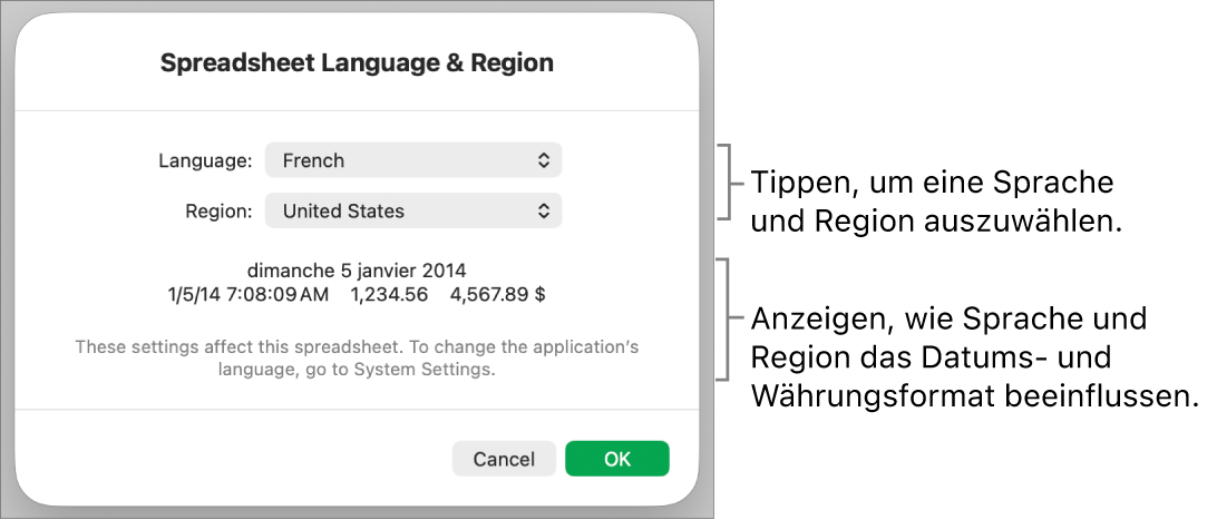 Der Bereich „Sprache & Region“ mit Einblendmenüs für Sprache und Region sowie einem Formatierungsbeispiel für Datum, Uhrzeit, Dezimalstellen und Währung.