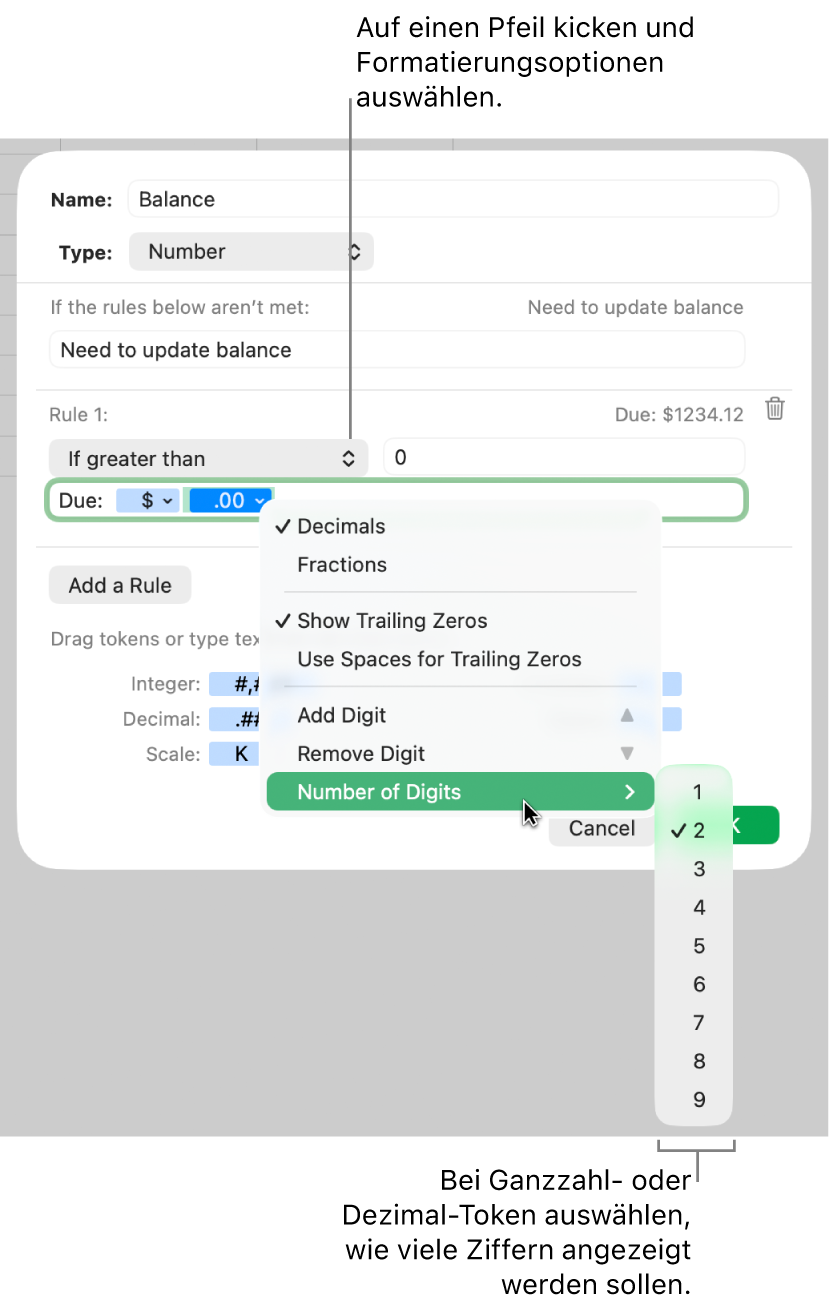 Das Fenster für ein eigenes Zellenformat mit Steuerelementen zum Auswählen eigener Formatierungsoptionen