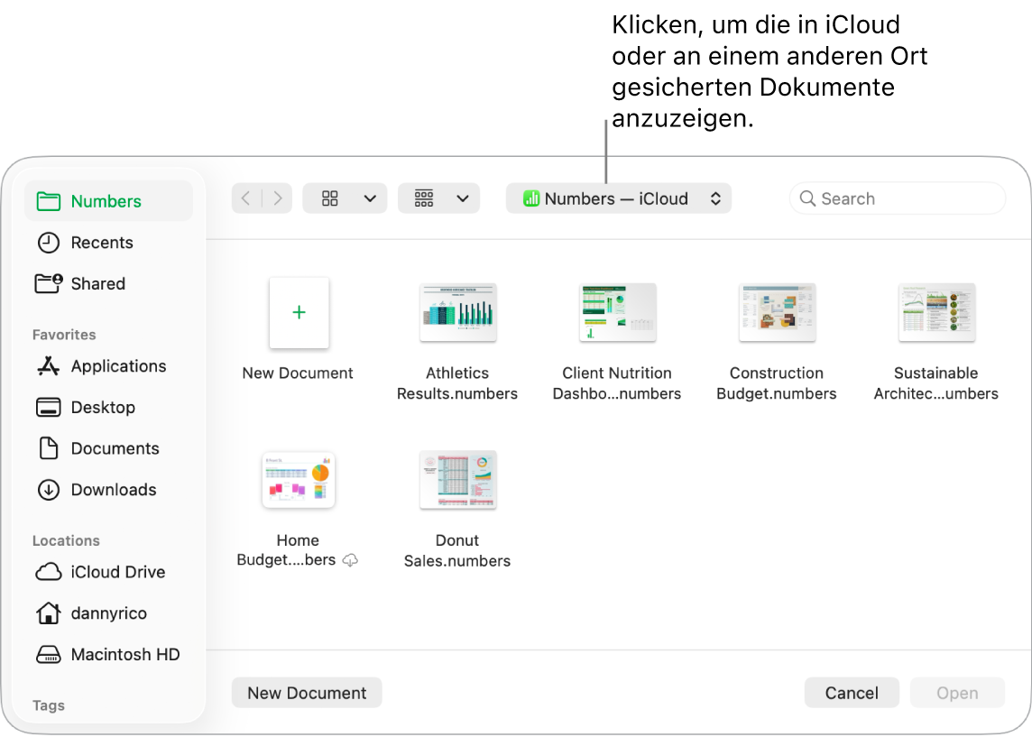 Das Dialogfenster „Öffnen“ mit der geöffneten Seitenleiste links und dem Einblendmenü oben, in dem iCloud Drive ausgewählt ist. Im Dialogfenster werden die Ordner für Keynote, Numbers und Pages und die Taste „Neues Dokument“ angezeigt.