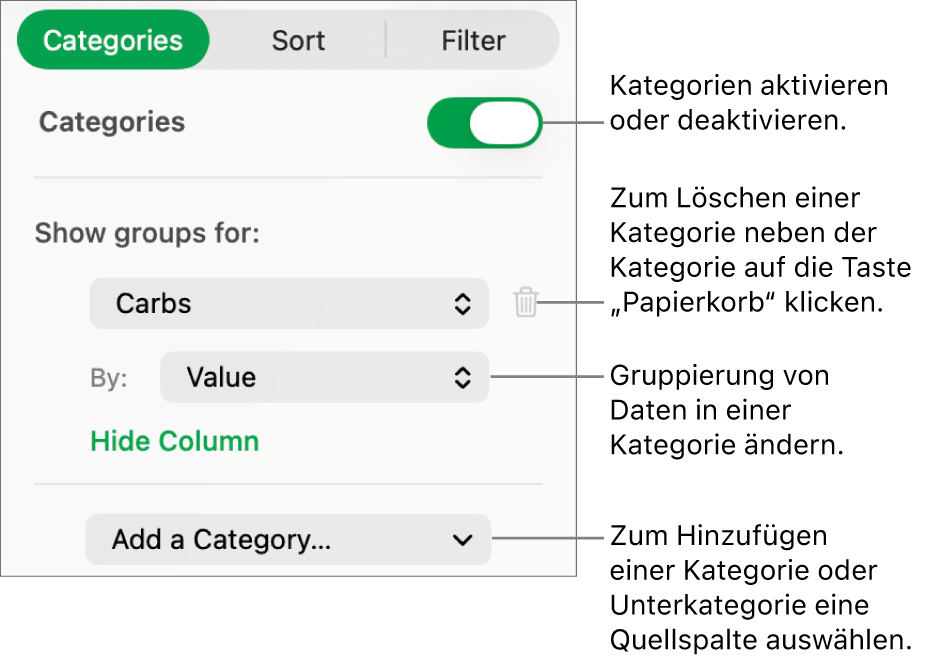 Die Seitenleiste „Kategorien“ mit Optionen zum Deaktivieren von Kategorien, Löschen von Kategorien, Neugruppieren von Daten, Ausblenden einer Quellenspalte und Hinzufügen von Kategorien