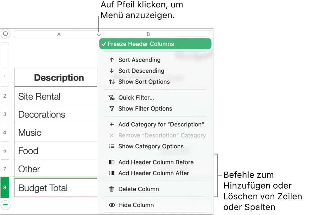Tabellenspaltenmenü mit Befehlen, um Zeilen und Spalten hinzuzufügen und zu löschen.