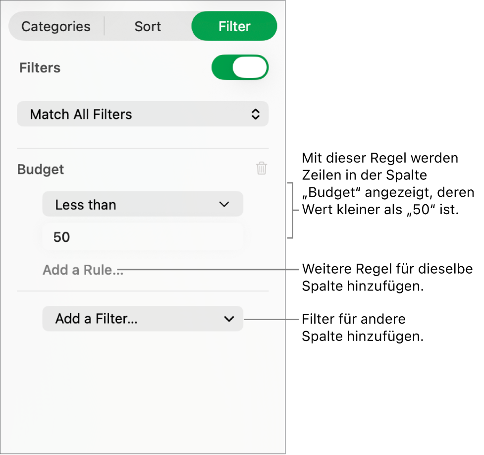 Steuerelemente zum Erstellen von Filterregeln.