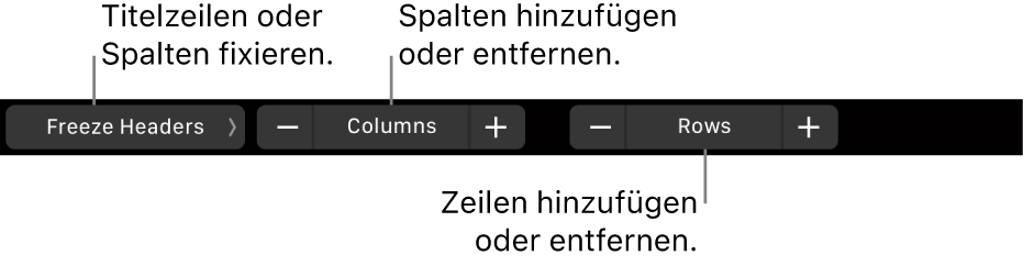 Die Touch Bar des MacBook Pro mit den Steuerelementen zum Fixieren von Titelspalten und -zeilen sowie zum Hinzufügen und Entfernen von Zeilen und von Spalten.