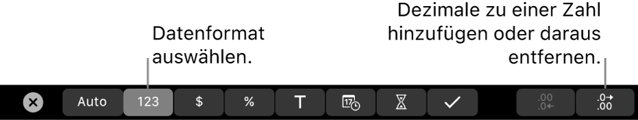 Die Touch Bar des MacBook Pro mit den Steuerelementen zum Auswählen des Datenformats und zum Hinzufügen und Entfernen von Dezimalstellen bei Zahlenangaben.