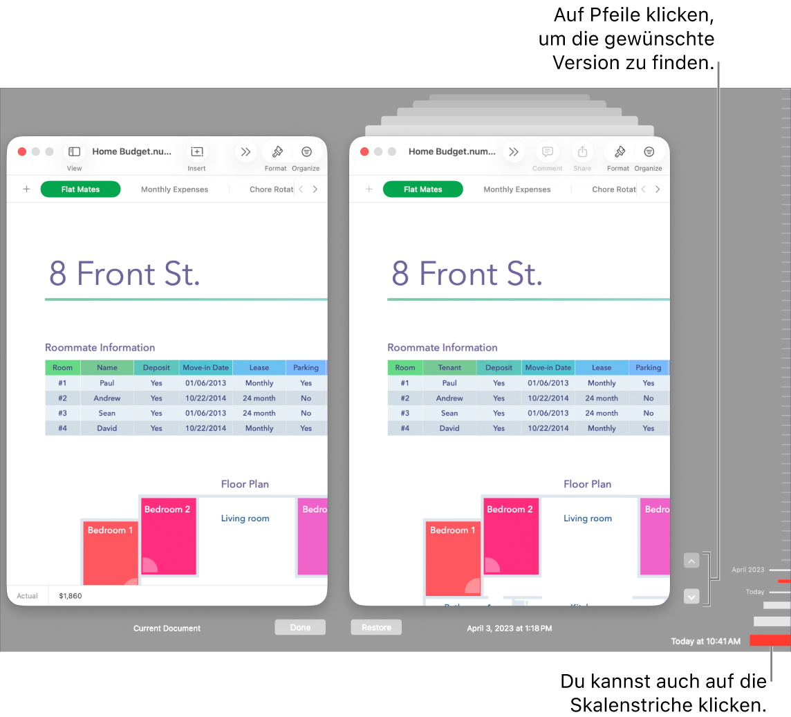 Fenster „Zurücksetzen“ mit Versionen, in denen du blättern kannst.