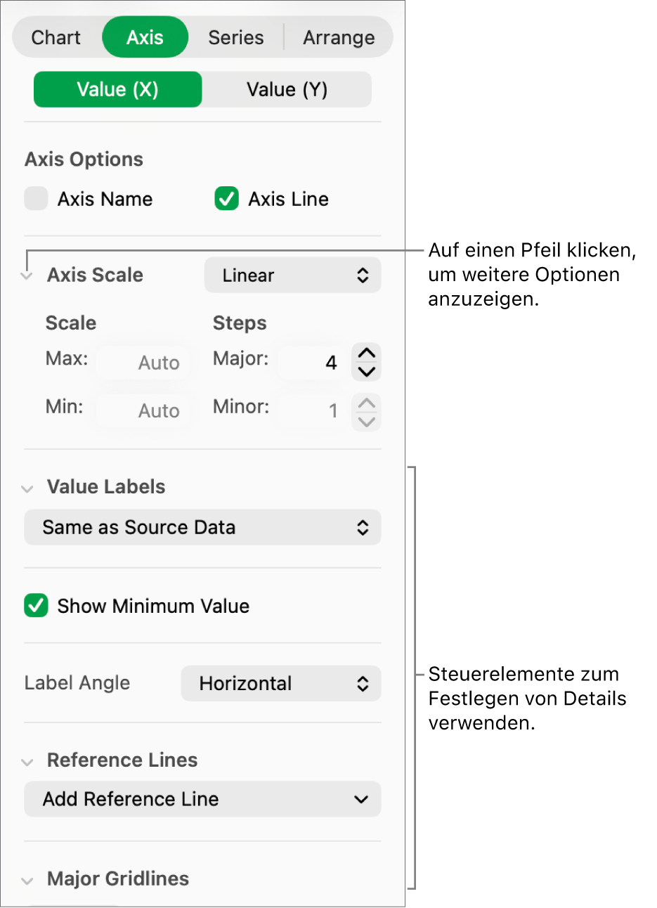Steuerelemente zum Formatieren der Markierungen auf den Diagrammachsen