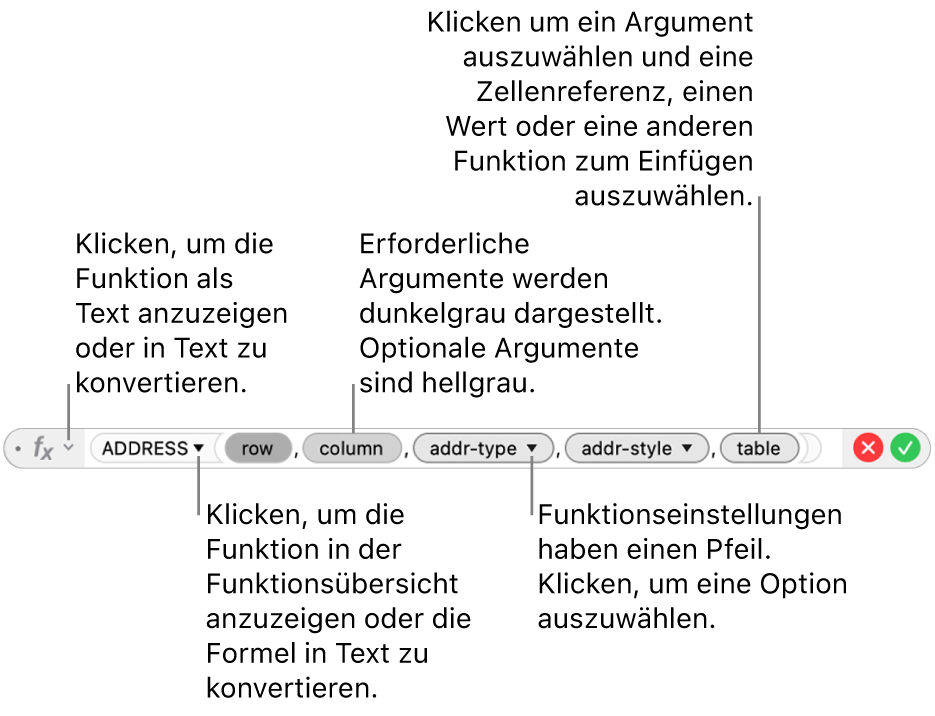 Der Formeleditor mit der Funktion ADRESSE und ihren Argument-Token