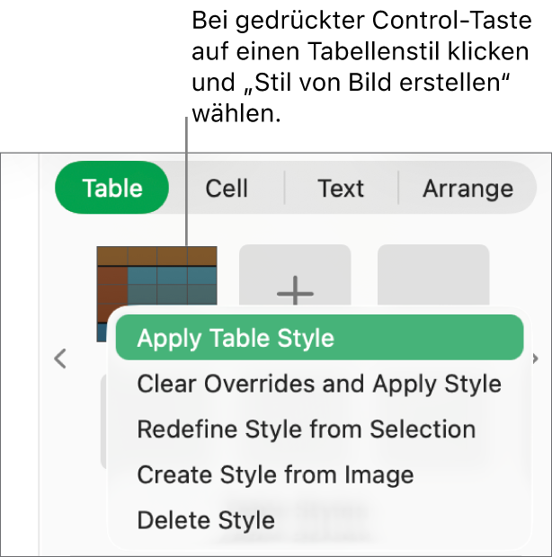 Das Kontextmenü für den Tabellenstil