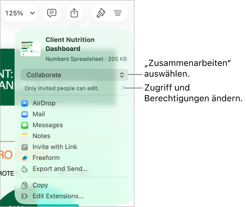 Im Menü „Teilen“ ist „Zusammenarbeiten“ oben ausgewählt und die Einstellungen für Zugriff und Berechtigungen befinden sich darunter.