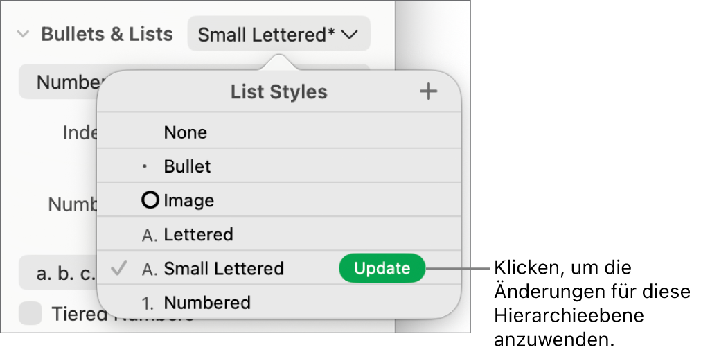 Das Einblendmenü „Listenstile“ mit der Taste „Aktualisieren“ neben dem Namen des neuen Stils