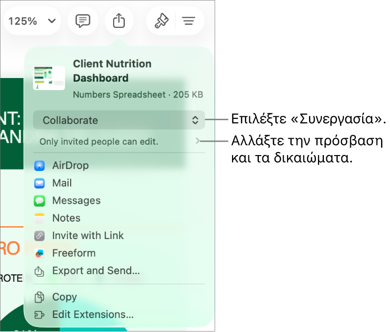 Το μενού «Κοινή χρήση» με επιλεγμένη τη «Συνεργασία» στο πάνω μέρος, και ρυθμίσεις πρόσβασης και δικαιωμάτων από κάτω.