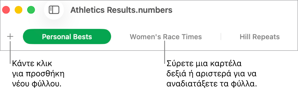 Η γραμμή καρτελών για προσθήκη νέου φύλλου και αναδιοργάνωση φύλλων.