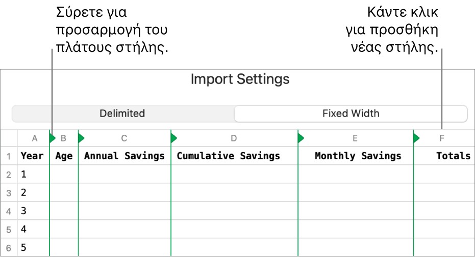 Οι ρυθμίσεις εισαγωγής για ένα αρχείο κειμένου σταθερού πλάτους.