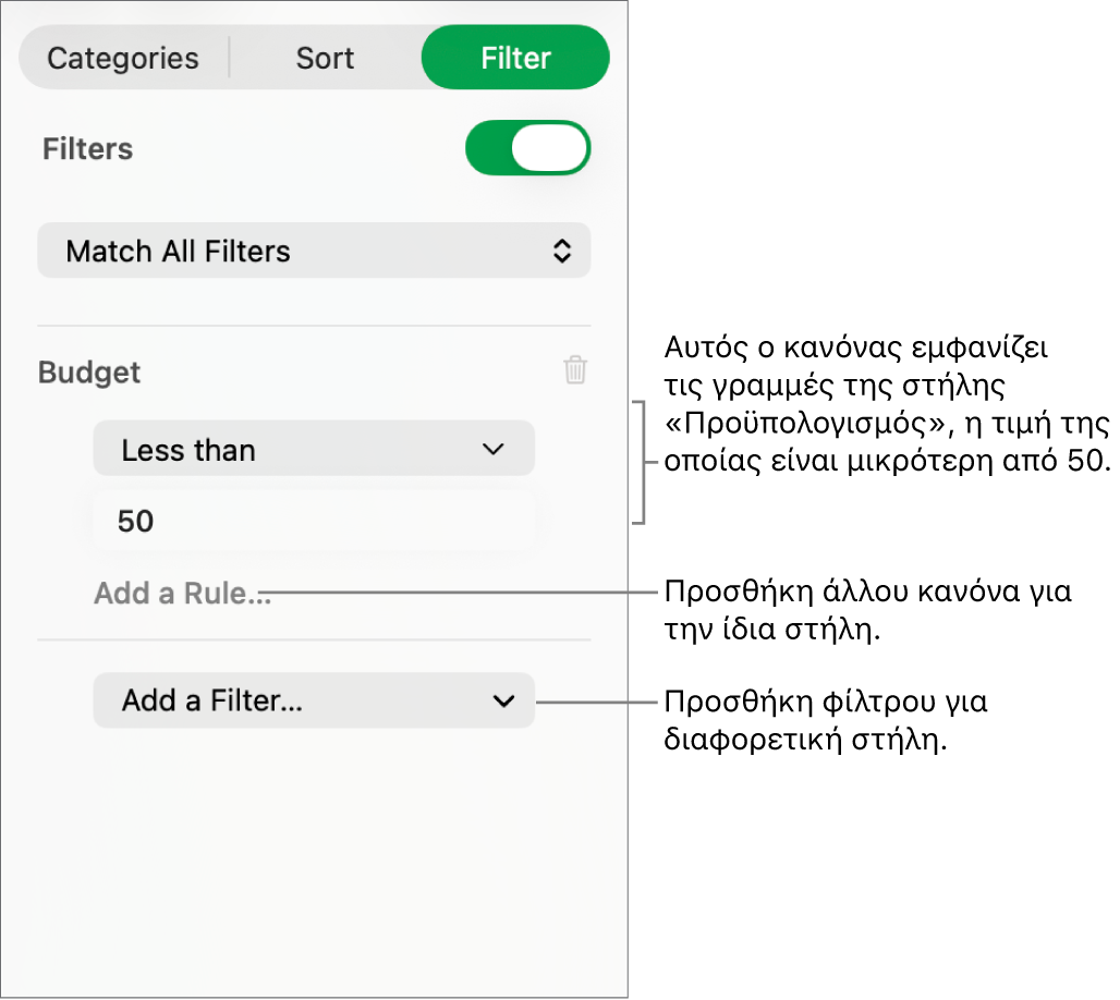 Στοιχεία ελέγχου για τη δημιουργία κανόνων φιλτραρίσματος.
