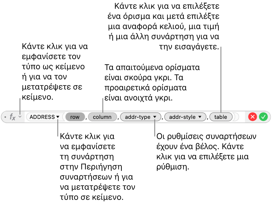 Ο Επεξεργαστής τύπων που εμφανίζει τη συνάρτηση ADDRESS και τα διακριτικά ορισμάτων της.