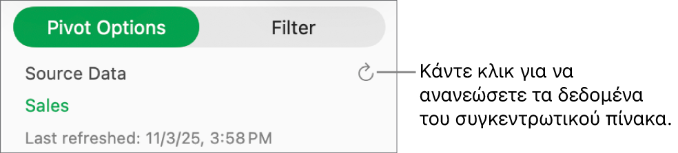 Η καρτέλα «Επιλογές συγκεντρωτικού πίνακα» όπου εμφανίζεται η επιλογή ανανέωσης του συγκεντρωτικού πίνακα.