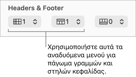 Τα αναδυόμενα μενού για την προσθήκη στηλών και γραμμών κεφαλίδας και υποσέλιδου σε πίνακα και για το πάγωμα γραμμών και στηλών κεφαλίδας.