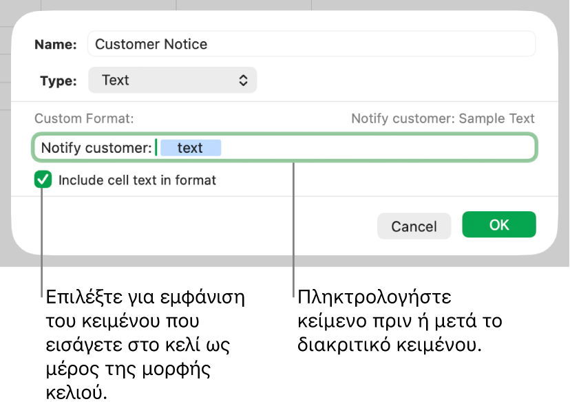 Προσαρμοσμένη μορφή κελιού κειμένου.