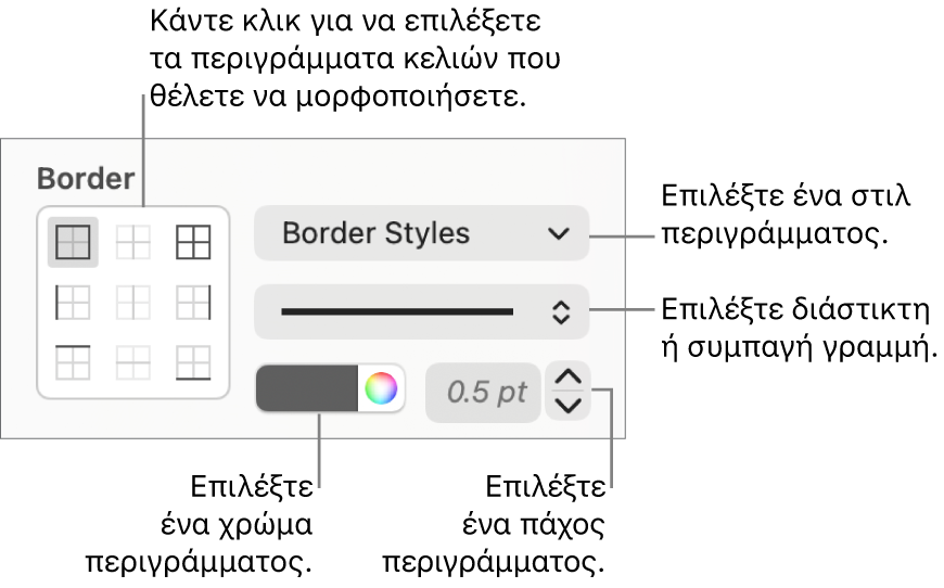Στοιχεία ελέγχου για στιλ περιγραμμάτων κελιών.