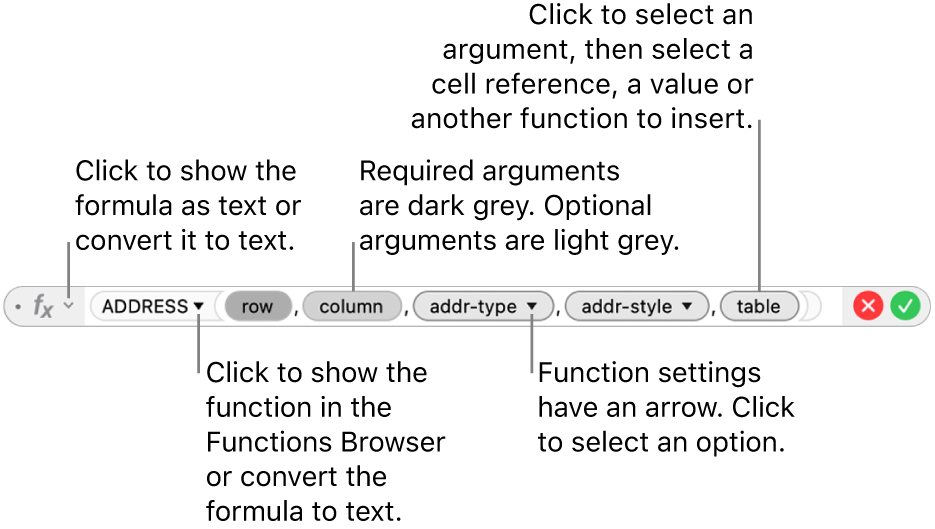 The Formula Editor showing the ADDRESS function and its arguments tokens.