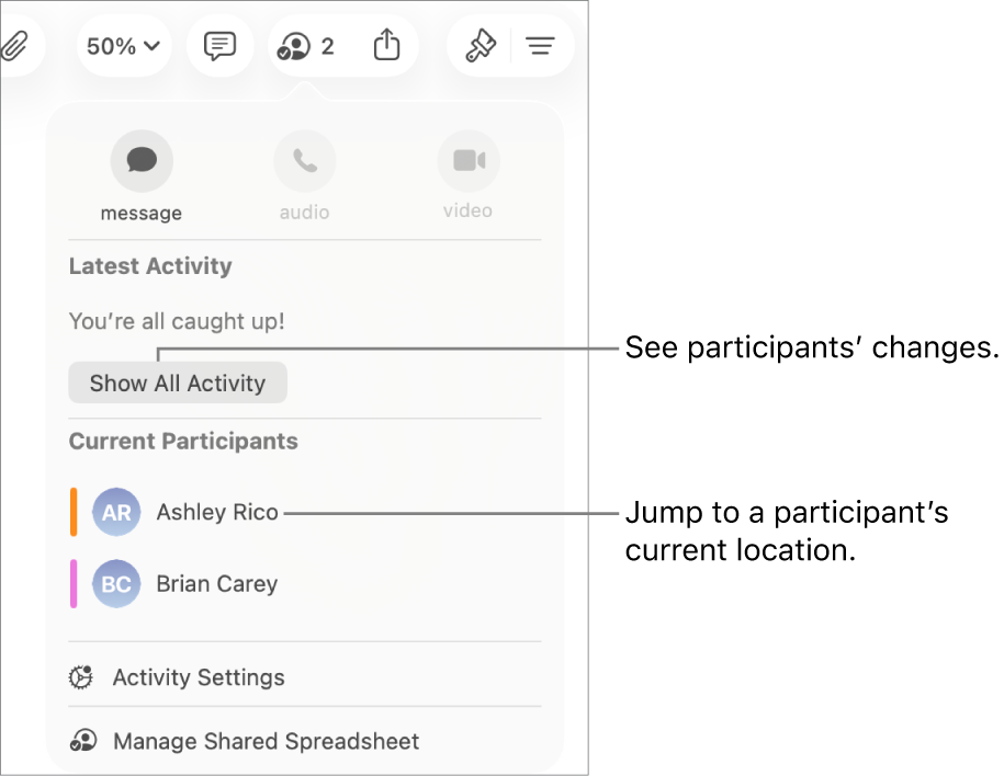 The collaboration menu with two current participants listed.