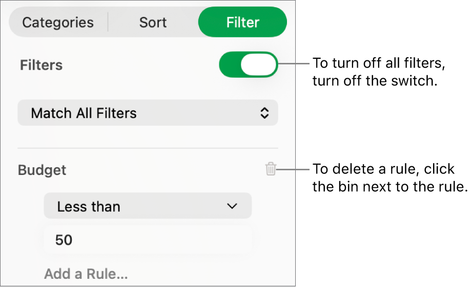 Controls for deleting a filter or turning all filters off.