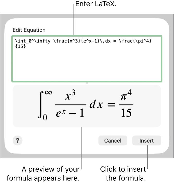 The quadratic formula written using LaTeX in the Equation field and a preview of the formula below.