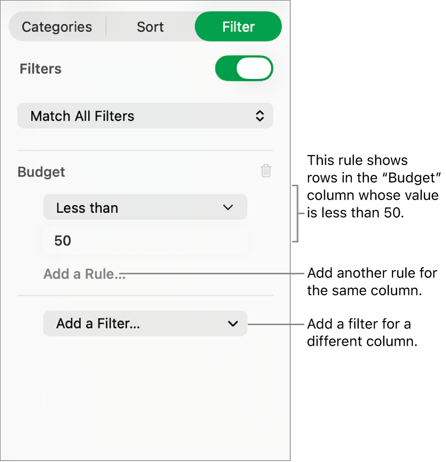 Controls for creating filtering rules.